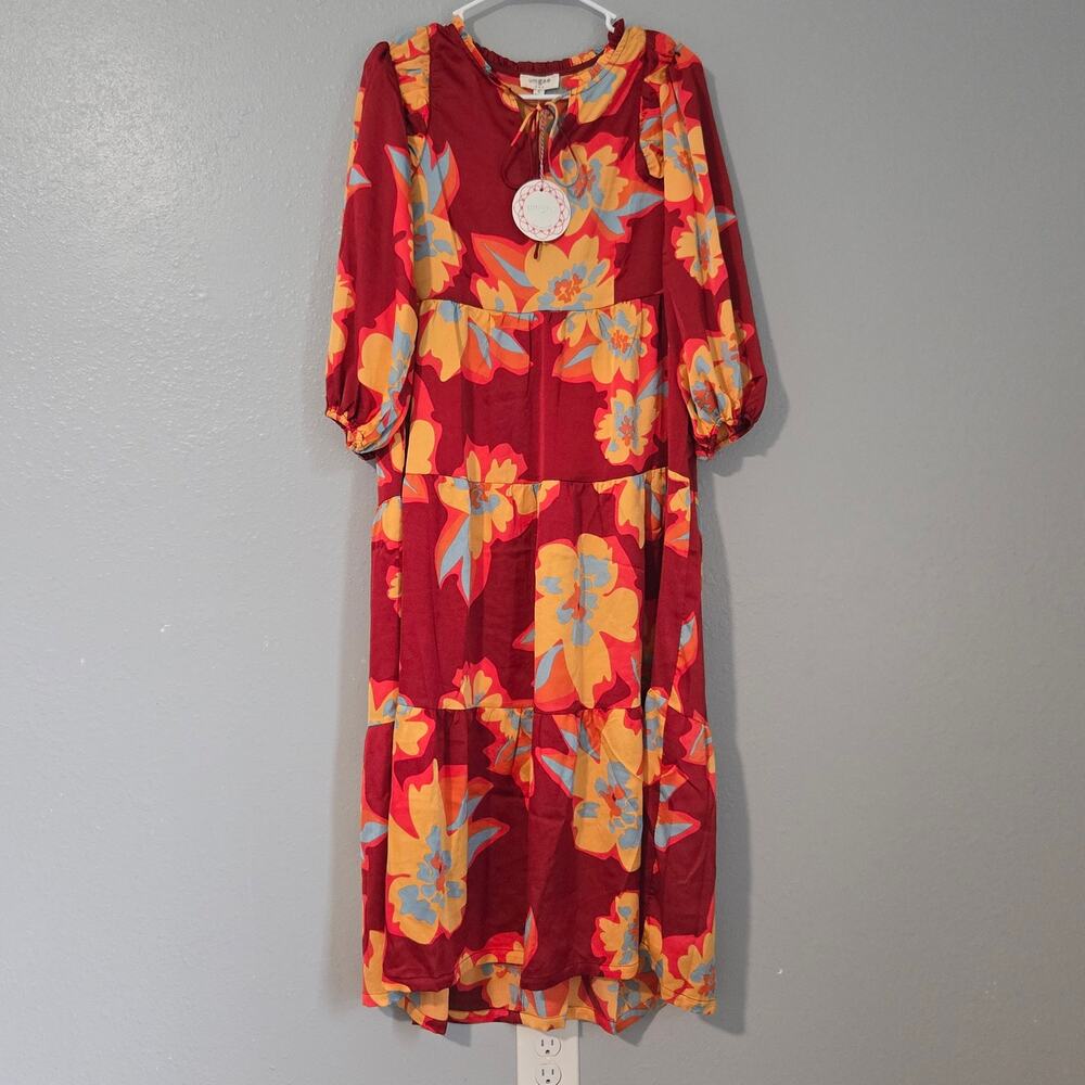 NWT Umgee Sammi Satin Tiered Midi Dress Floral Puff Sleeve Boho Size Small